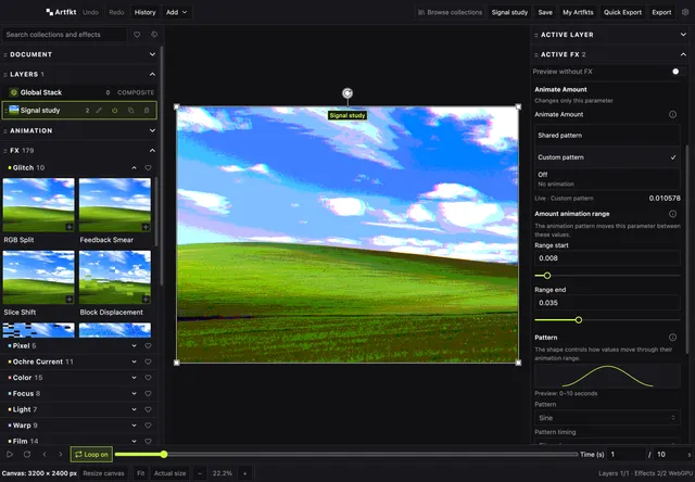 RGB Split parameter animation settings open beside the artwork in Artfkt.