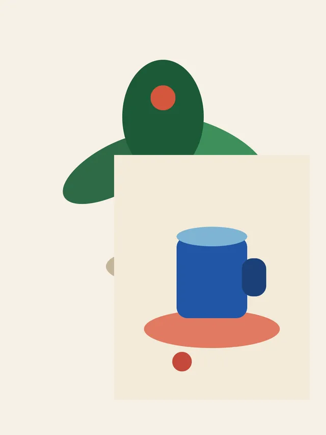 The green plant and a blue cup on cream, before any torn or cut treatment.