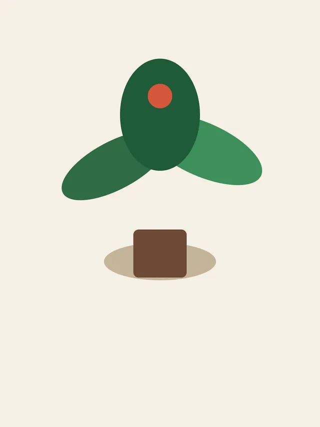 A drawn green plant with a red dot, on a cream field.