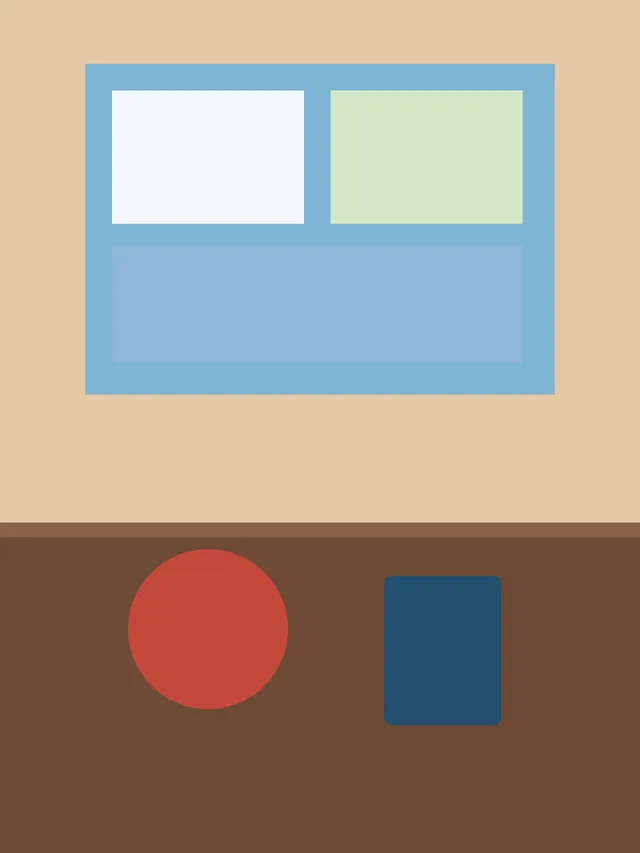 A drawn room with a blue window, a brown table, a red circle, and a dark blue rectangle.