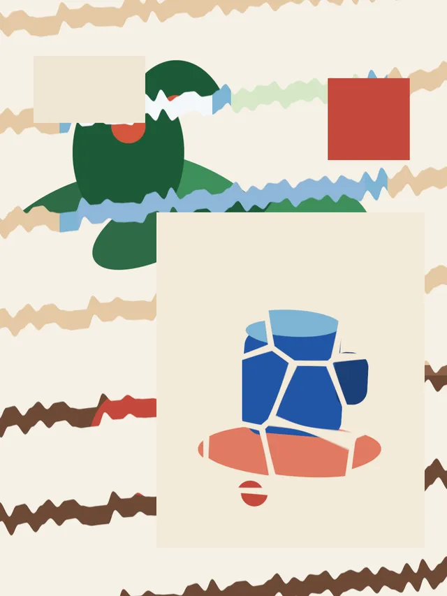 A torn green plant and a cut blue cup on cream paper, with a cream rectangle and a red square on top.