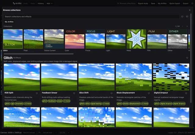 Artfkt Browse Collections dialog displaying the Glitch collection and its effects.