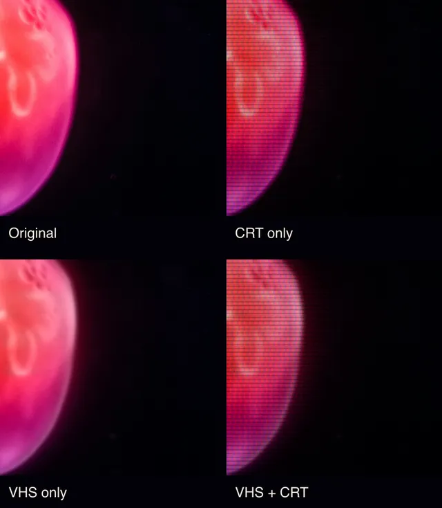 Matching crops of the jellyfish's right edge: original, regular CRT texture, softened VHS color, and both treatments together.
