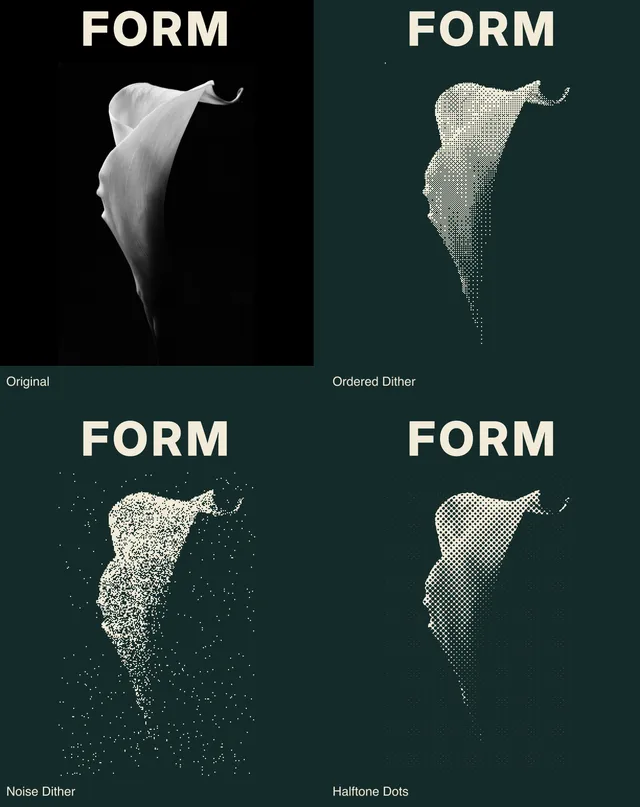 Four FORM posters showing the same calla lily as an original photograph, Ordered Dither, Noise Dither, and Halftone Dots in green and cream.