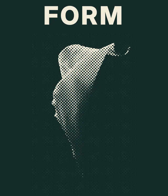 The same FORM poster with round green dots on cream shaping the lily's shaded fold, against a dark green background.
