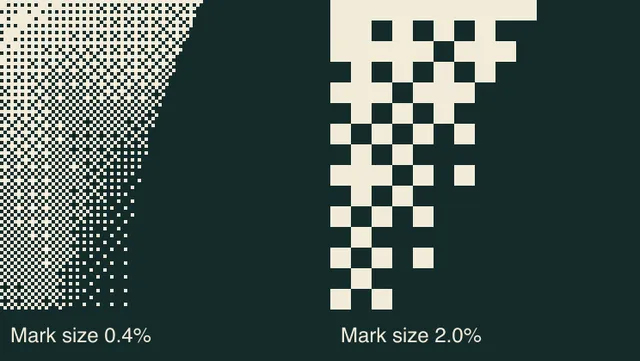 Matching lily-edge crops with Ordered Dither at 0.4% and 2.0% mark size; the larger cells replace the curved shading with coarse square steps.