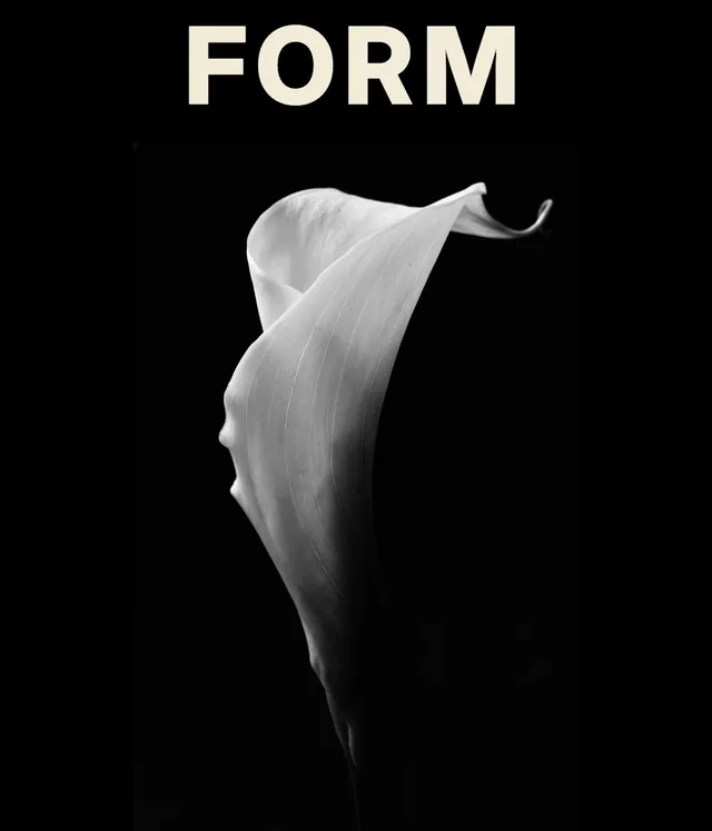 Untreated black-and-white calla lily on a black portrait-format poster, with large cream FORM lettering above.