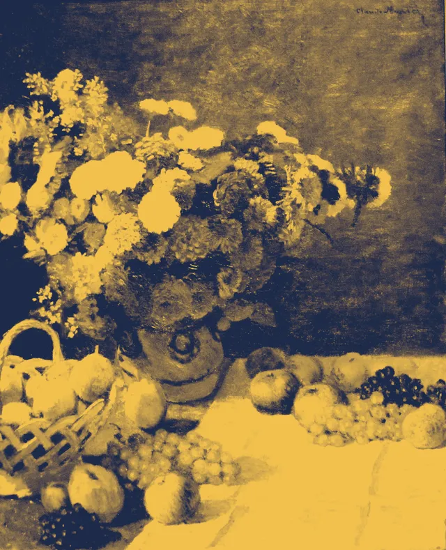 The same still life in navy shadows and gold highlights.