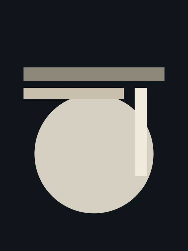 Dark poster field with a pale circle, two horizontal bars, and a vertical strip.