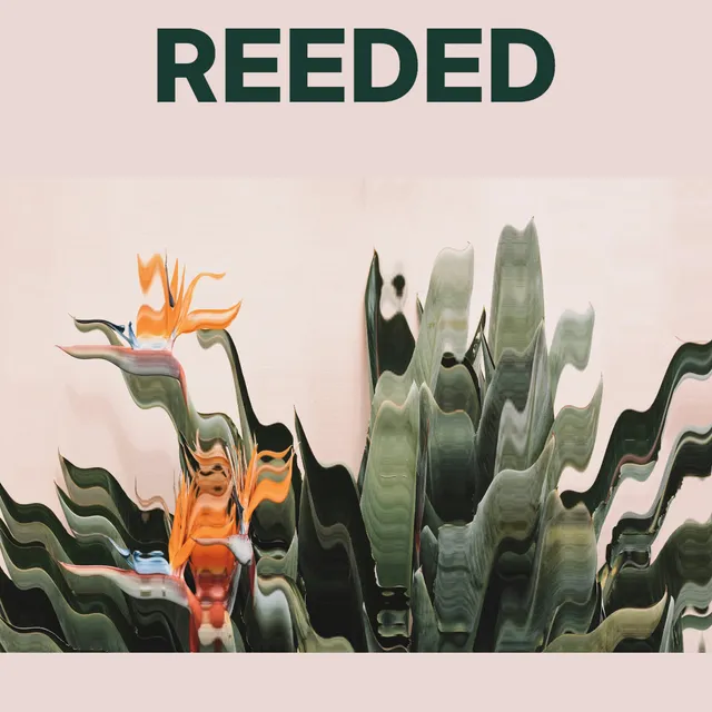 Strong curvature breaks the botanical outlines into pronounced ripples while the headline remains straight.