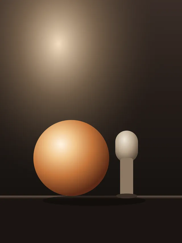 An orange sphere and a pale cup on a dark ground, with a soft light above them.