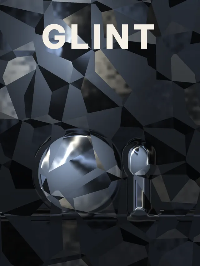 Cream GLINT lettering over the sphere and cup, now dark metallic facets with a bright highlight.