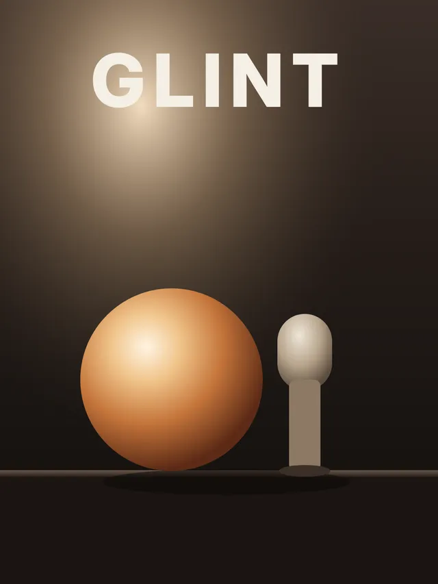 Cream GLINT lettering in a pool of light above an untreated orange sphere and pale cup.