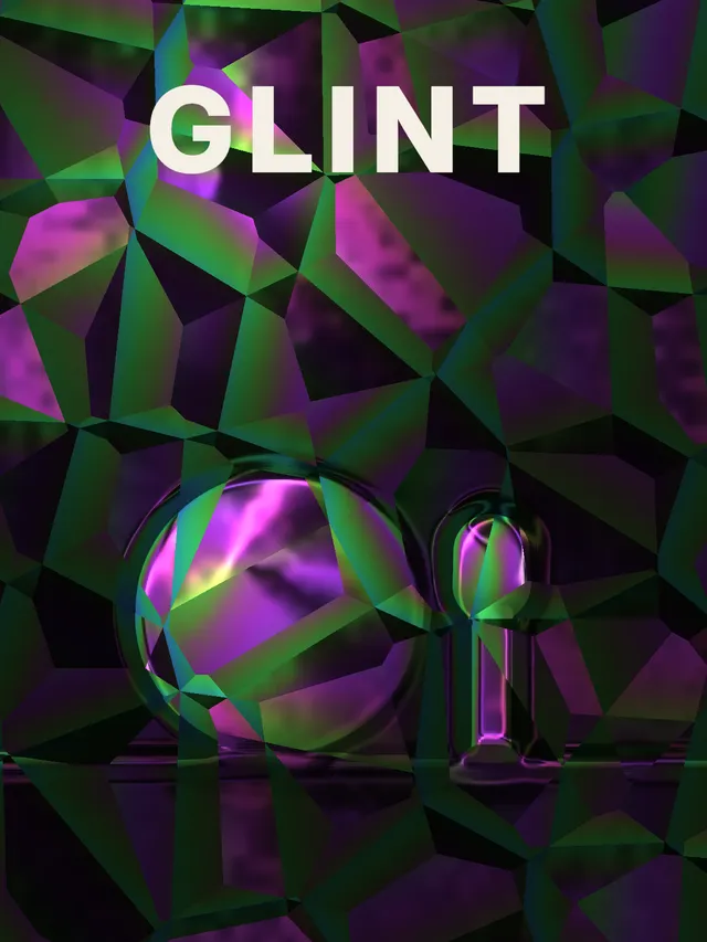 Cream GLINT lettering over a sphere and a small cup folded into green and violet foil.