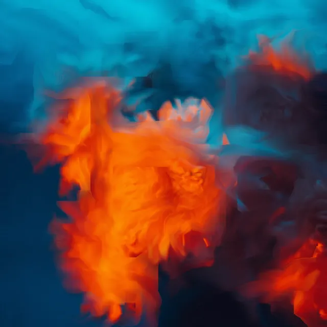 Orange flowers smeared into blocky trails, with petal and blue-background macroblocks dragged across each other.