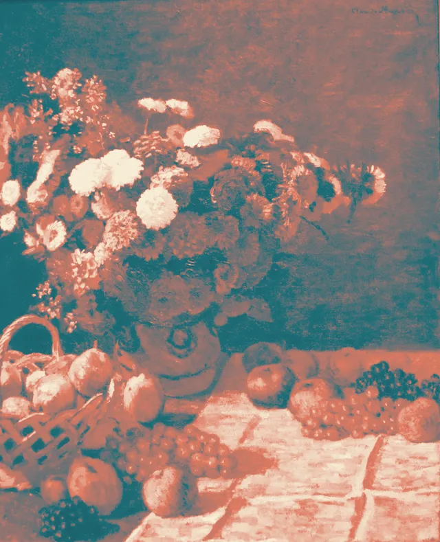 A flower and fruit still life mapped through teal, coral, and cream.