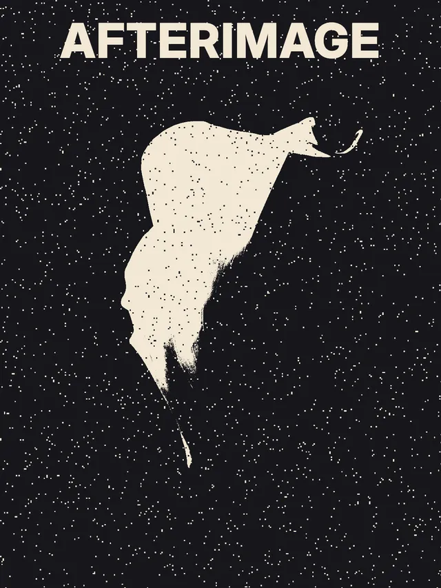 Cream AFTERIMAGE lettering above a calla lily reduced to pale shapes and scattered toner speckles on a dark ground.