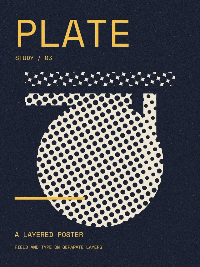 Gold lettering over a dotted circle and bars, with fine grain across the poster.
