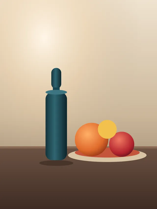 A drawn still life with a teal bottle, an orange, a yellow fruit, a red fruit, and a plate on a brown table.