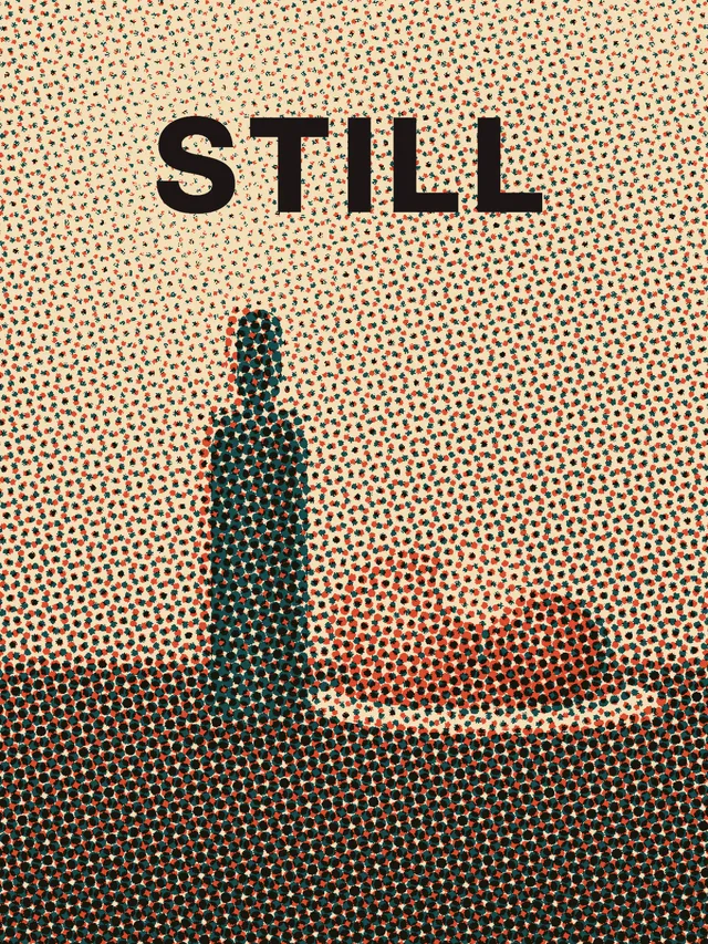 The bottle and fruit rebuilt in teal and coral dots, with STILL still solid black.