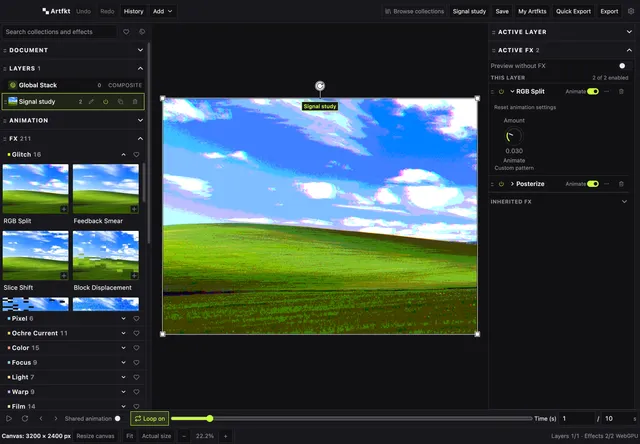 Artfkt desktop workspace showing a landscape with an RGB Split and Posterize effect stack.